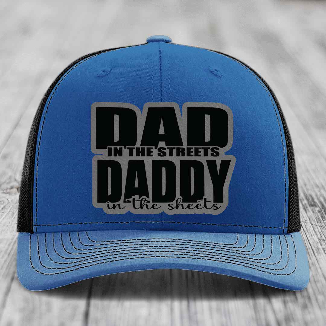 Dad in the Streets Daddy in the Sheets - Leather Patch Hat - Grey to Black Patch - Richardson 112 Snapback Trucker Hat