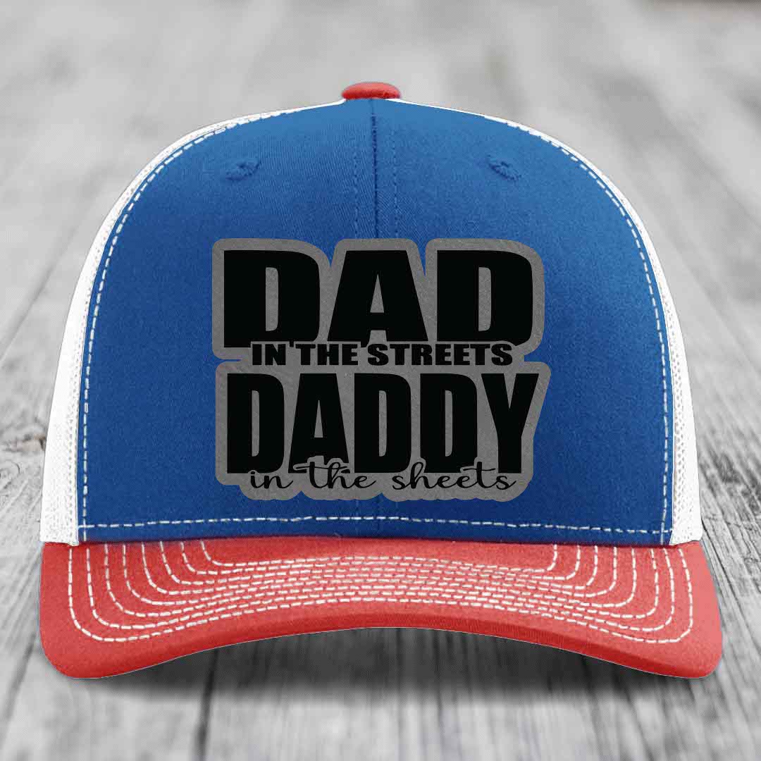 Dad in the Streets Daddy in the Sheets - Leather Patch Hat - Grey to Black Patch - Richardson 112 Snapback Trucker Hat