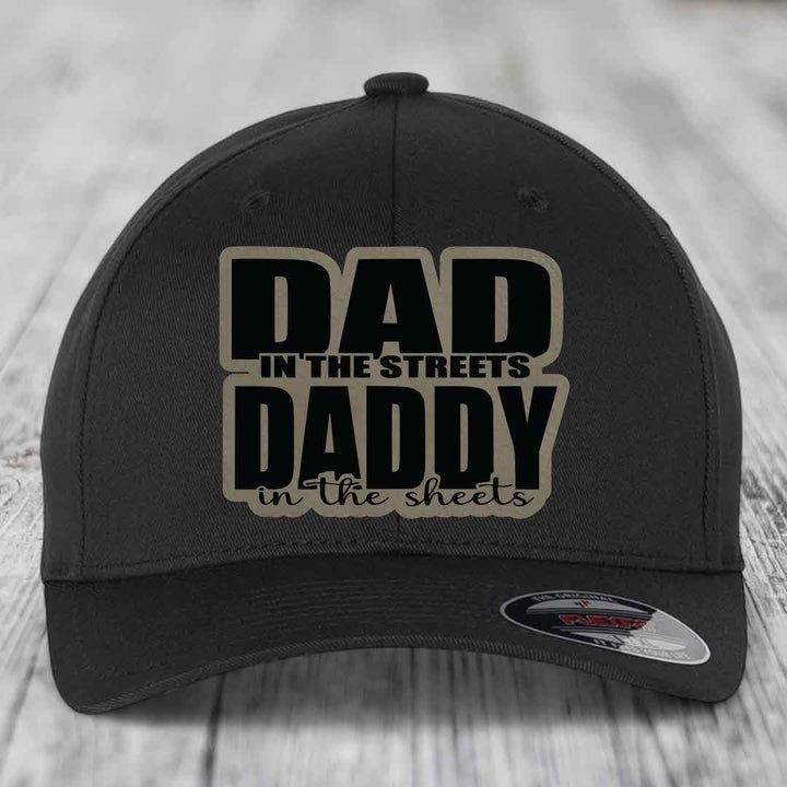 Dad in the Streets Daddy in the Sheets - Leather Patch Hat - Light Brown to Black Patch - Flexfit 6277 Fitted Hat