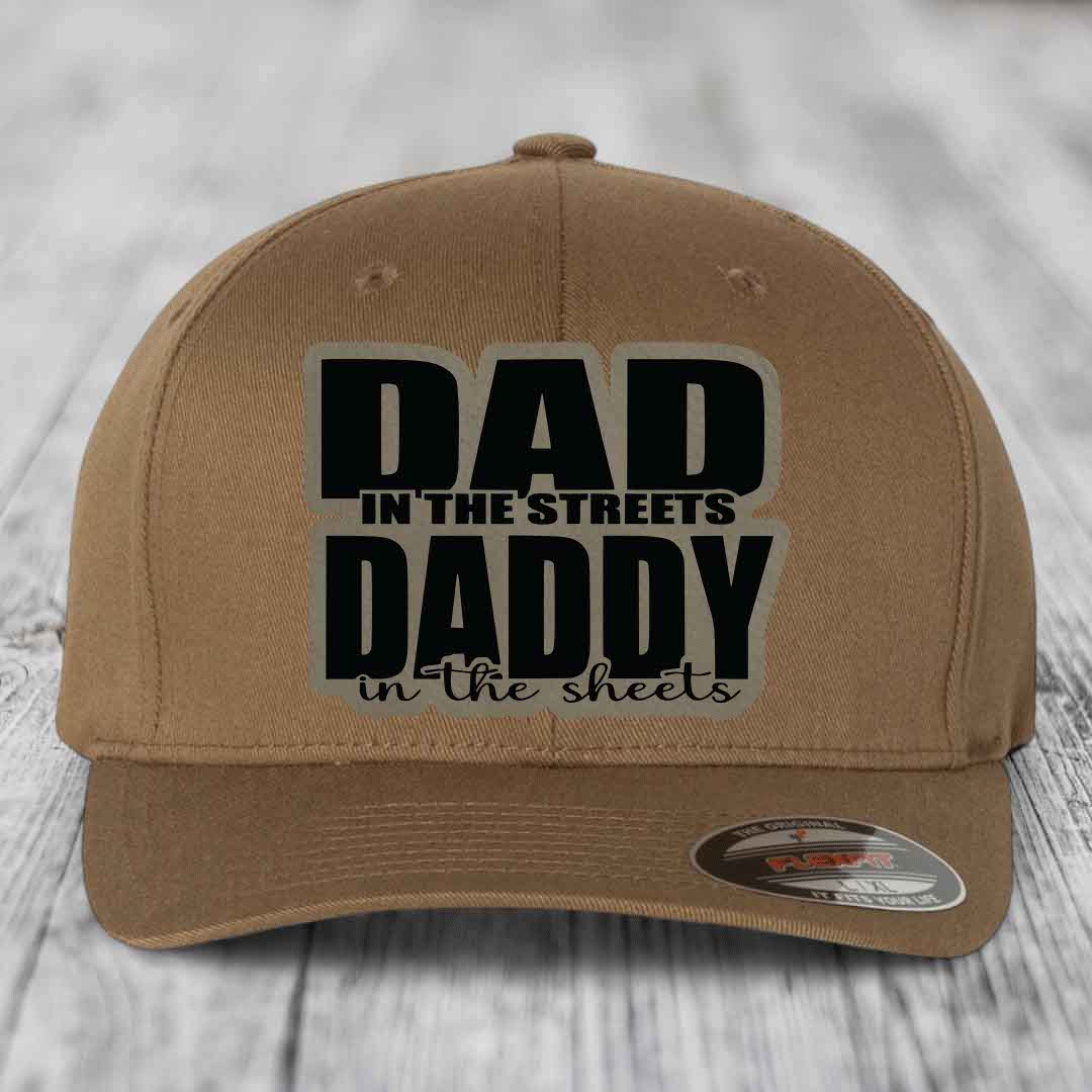 Dad in the Streets Daddy in the Sheets - Leather Patch Hat - Light Brown to Black Patch - Flexfit 6277 Fitted Hat