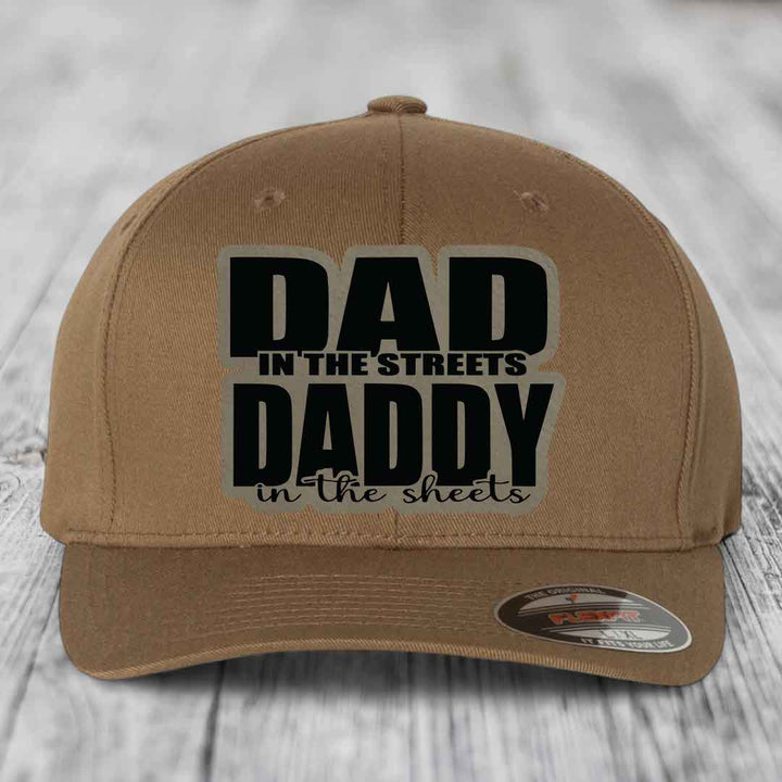 Dad in the Streets Daddy in the Sheets - Leather Patch Hat - Light Brown to Black Patch - Flexfit 6277 Fitted Hat