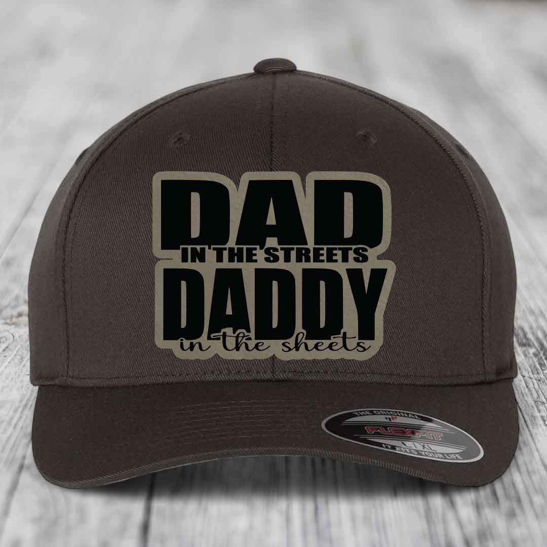Dad in the Streets Daddy in the Sheets - Leather Patch Hat - Light Brown to Black Patch - Flexfit 6277 Fitted Hat