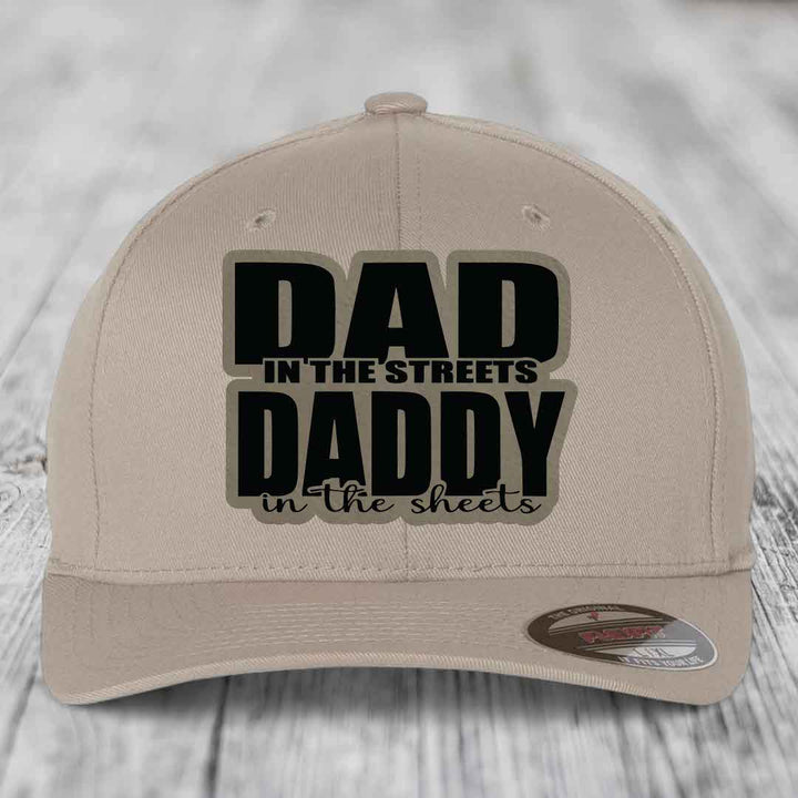 Dad in the Streets Daddy in the Sheets - Leather Patch Hat - Light Brown to Black Patch - Flexfit 6277 Fitted Hat