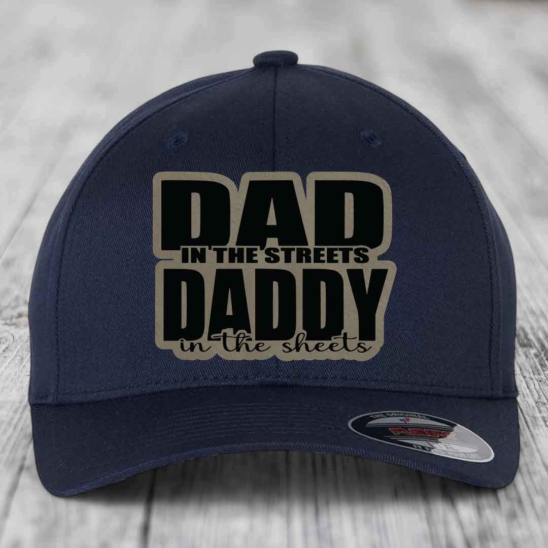 Dad in the Streets Daddy in the Sheets - Leather Patch Hat - Light Brown to Black Patch - Flexfit 6277 Fitted Hat