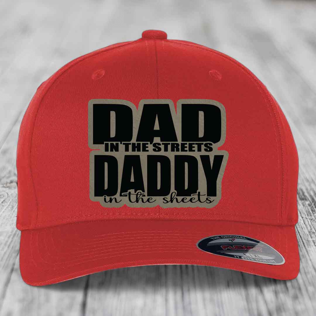 Dad in the Streets Daddy in the Sheets - Leather Patch Hat - Light Brown to Black Patch - Flexfit 6277 Fitted Hat