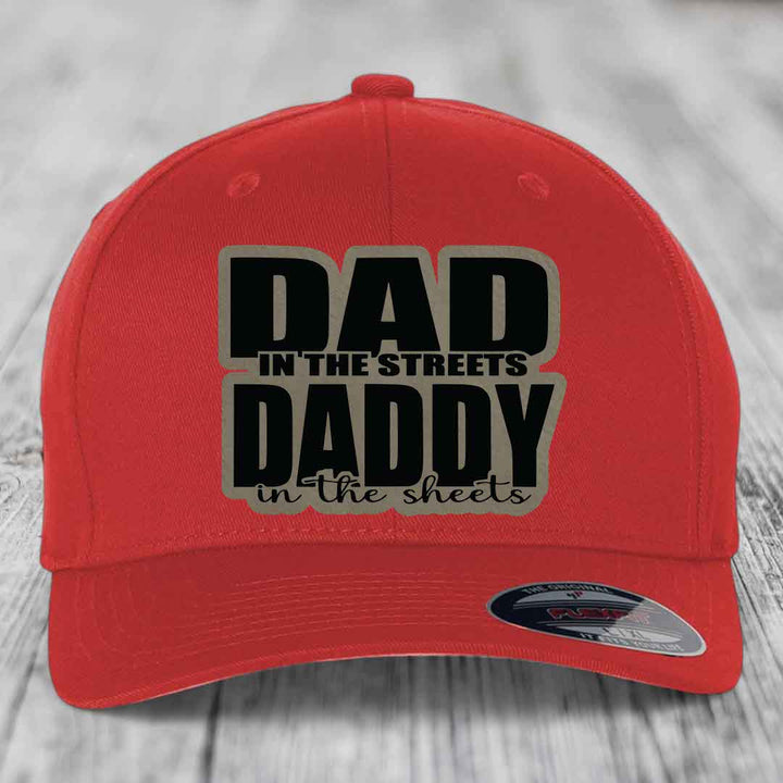 Dad in the Streets Daddy in the Sheets - Leather Patch Hat - Light Brown to Black Patch - Flexfit 6277 Fitted Hat