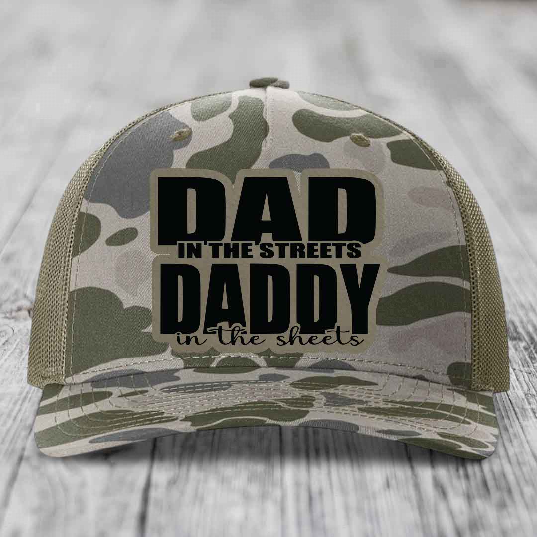 Dad in the Streets Daddy in the Sheets - Leather Patch Hat - Light Brown to Black Patch - Richardson 112PFP Snapback Trucker Hat