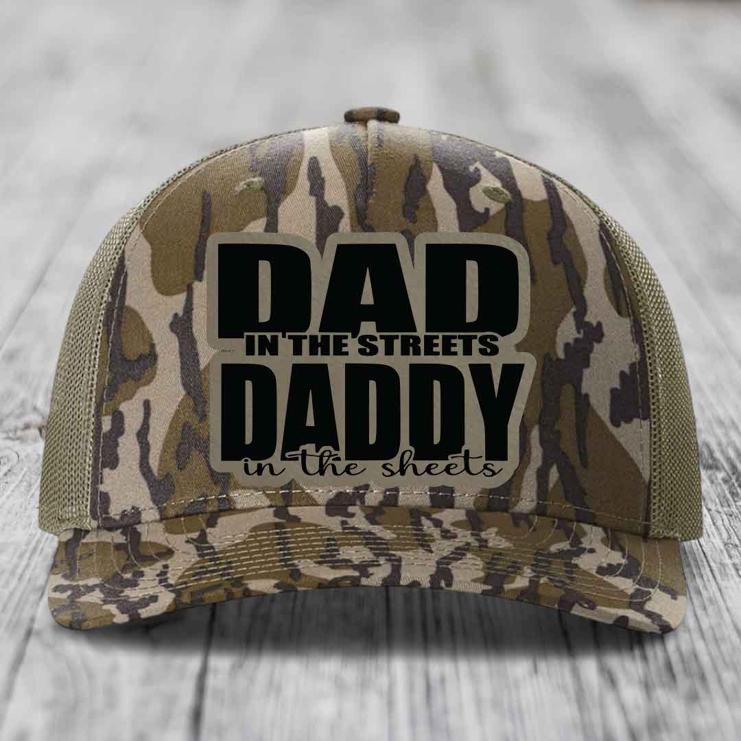 Dad in the Streets Daddy in the Sheets - Leather Patch Hat - Light Brown to Black Patch - Richardson 112PFP Snapback Trucker Hat