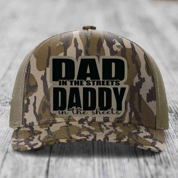 Dad in the Streets Daddy in the Sheets - Leather Patch Hat - Light Brown to Black Patch - Richardson 112PFP Snapback Trucker Hat