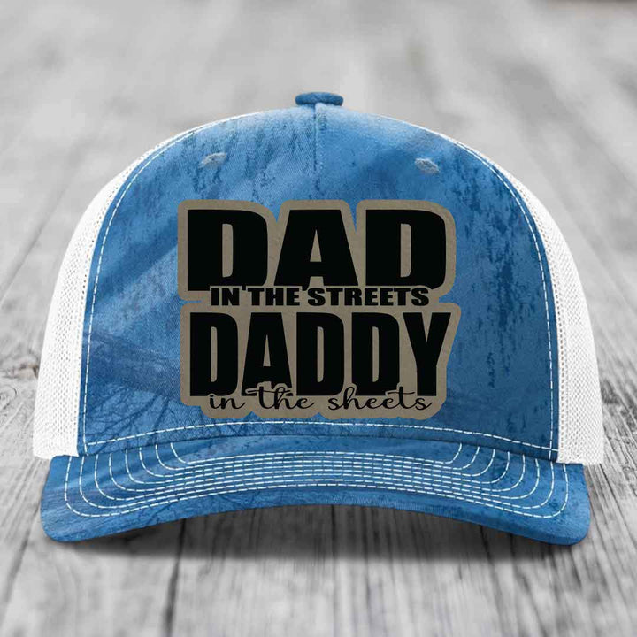 Dad in the Streets Daddy in the Sheets - Leather Patch Hat - Light Brown to Black Patch - Richardson 112PFP Snapback Trucker Hat