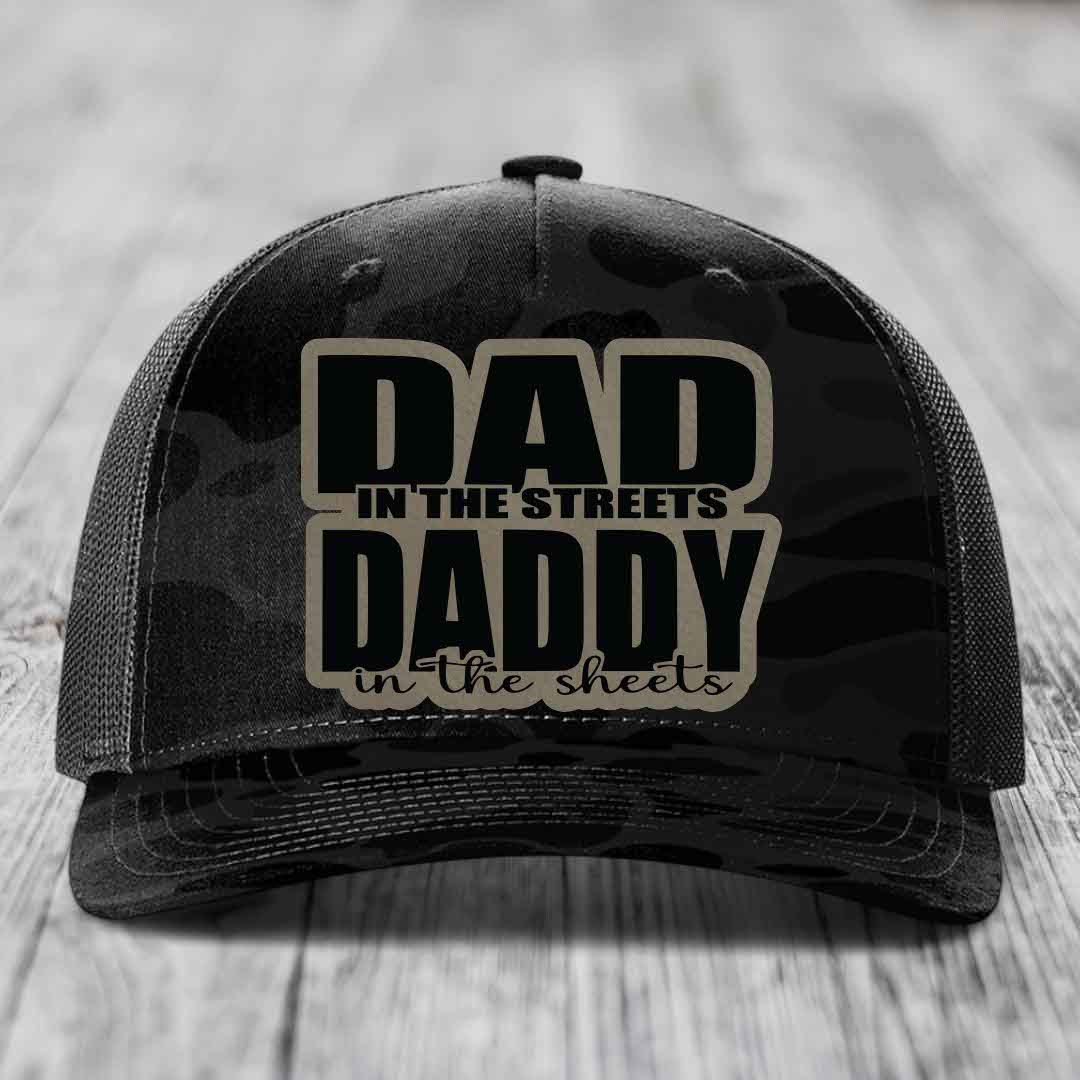 Dad in the Streets Daddy in the Sheets - Leather Patch Hat - Light Brown to Black Patch - Richardson 112PFP Snapback Trucker Hat