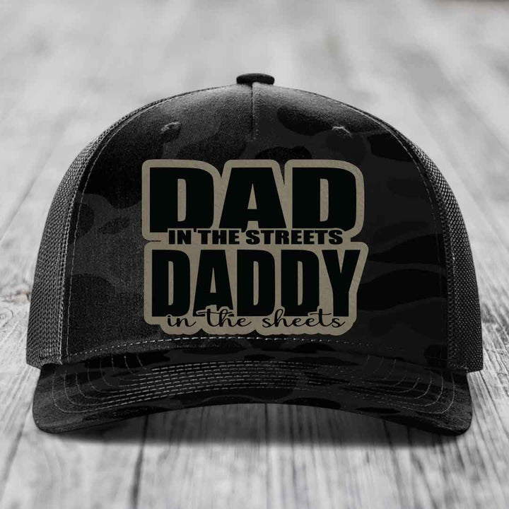 Dad in the Streets Daddy in the Sheets - Leather Patch Hat - Light Brown to Black Patch - Richardson 112PFP Snapback Trucker Hat