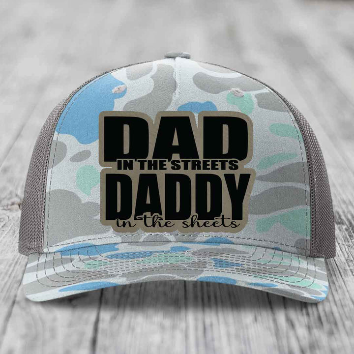Dad in the Streets Daddy in the Sheets - Leather Patch Hat - Light Brown to Black Patch - Richardson 112PFP Snapback Trucker Hat