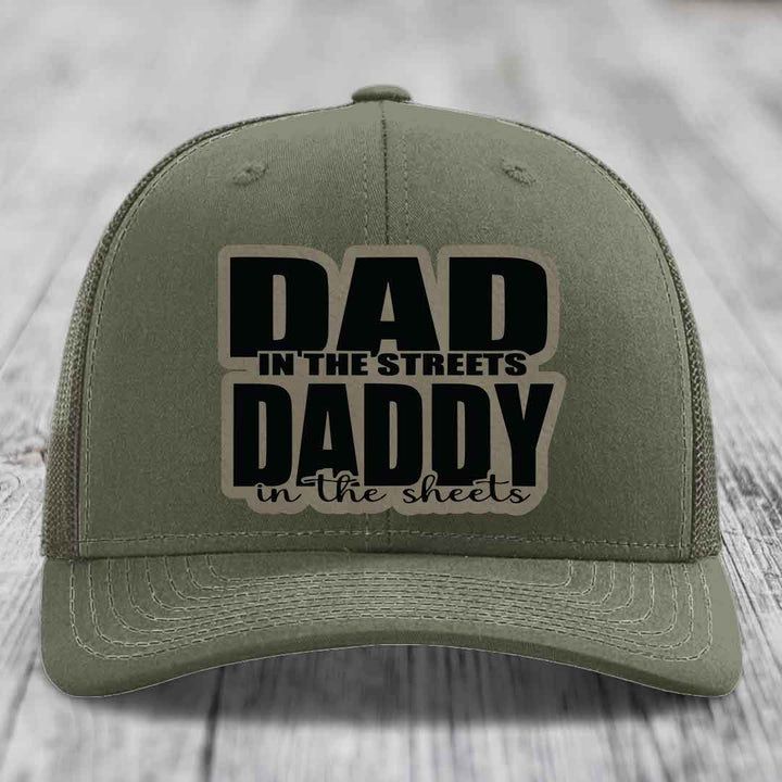 Dad in the Streets Daddy in the Sheets - Leather Patch Hat - Light Brown to Black Patch - Richardson 112 Snapback Trucker Hat