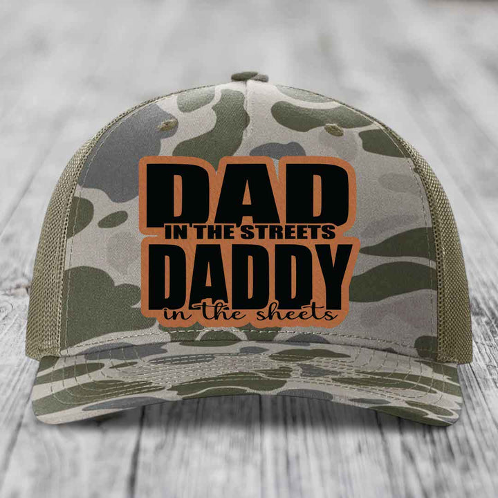 Dad in the Streets Daddy in the Sheets - Leather Patch Hat - Rawhide to Black Patch - Richardson 112PFP Snapback Trucker Hat