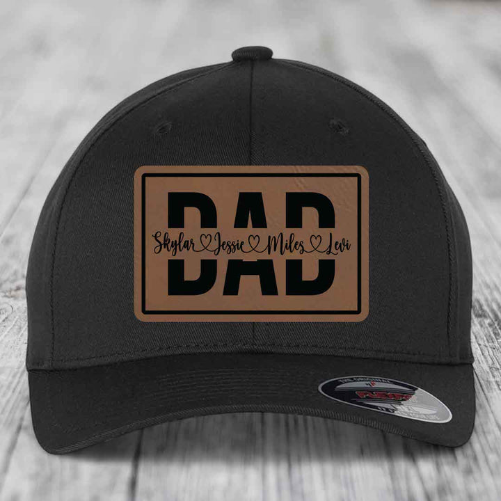 Dad Monogram (With Kids Names) - Leather Patch Hat - Dark Brown to Black Patch - Flexfit 6277 Fitted Hat