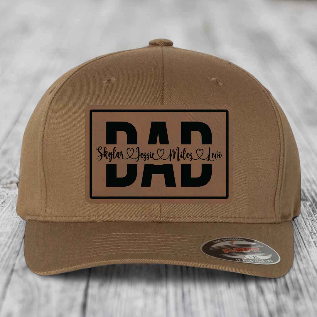 Dad Monogram (With Kids Names) - Leather Patch Hat - Dark Brown to Black Patch - Flexfit 6277 Fitted Hat
