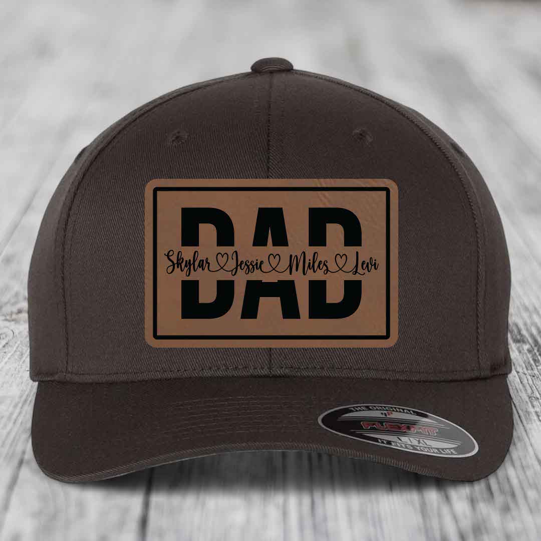 Dad Monogram (With Kids Names) - Leather Patch Hat - Dark Brown to Black Patch - Flexfit 6277 Fitted Hat