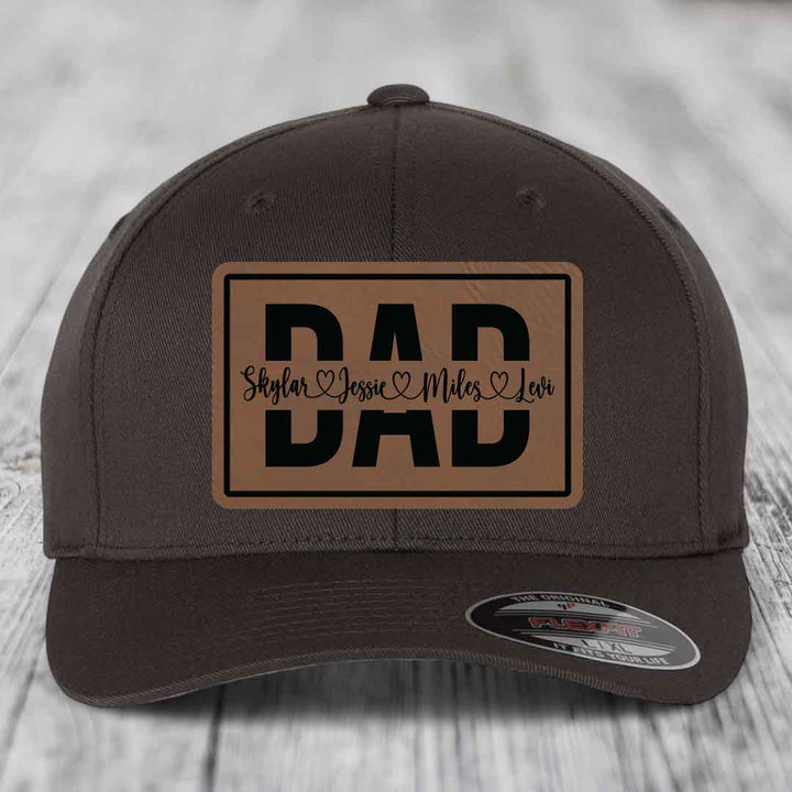 Dad Monogram (With Kids Names) - Leather Patch Hat - Dark Brown to Black Patch - Flexfit 6277 Fitted Hat