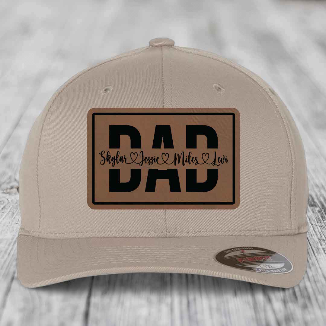 Dad Monogram (With Kids Names) - Leather Patch Hat - Dark Brown to Black Patch - Flexfit 6277 Fitted Hat