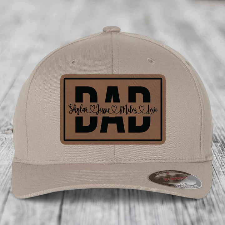Dad Monogram (With Kids Names) - Leather Patch Hat - Dark Brown to Black Patch - Flexfit 6277 Fitted Hat