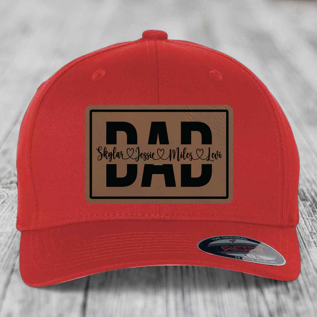 Dad Monogram (With Kids Names) - Leather Patch Hat - Dark Brown to Black Patch - Flexfit 6277 Fitted Hat