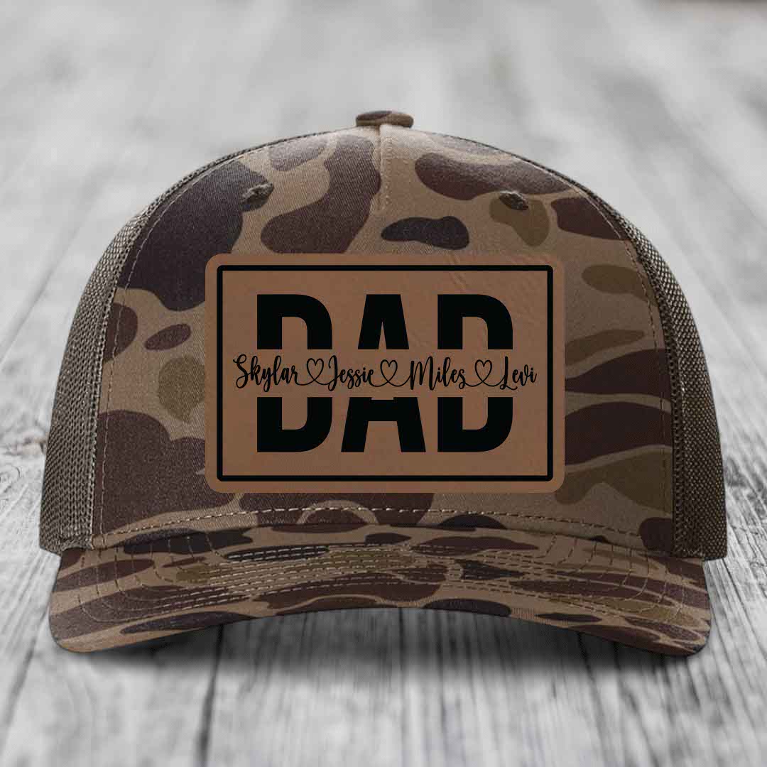 Dad Monogram (With Kids Names) - Leather Patch Hat - Dark Brown to Black Patch - Richardson 112PFP Snapback Trucker Hat