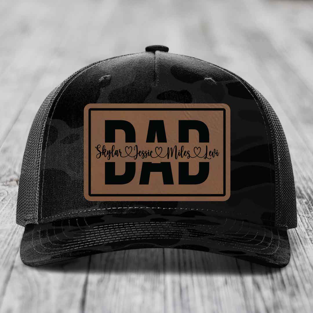 Dad Monogram (With Kids Names) - Leather Patch Hat - Dark Brown to Black Patch - Richardson 112PFP Snapback Trucker Hat