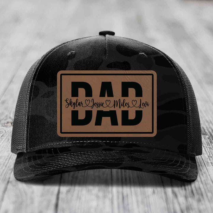 Dad Monogram (With Kids Names) - Leather Patch Hat - Dark Brown to Black Patch - Richardson 112PFP Snapback Trucker Hat
