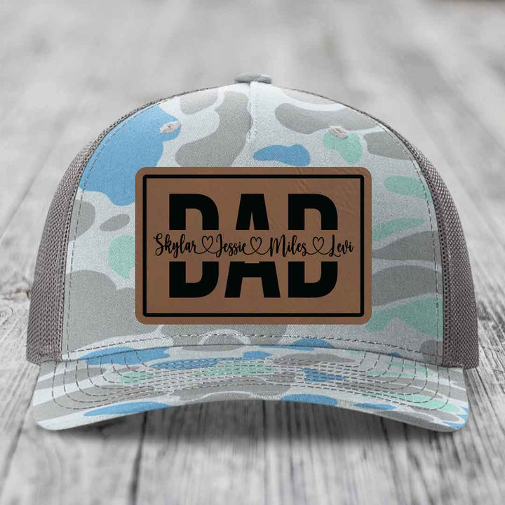 Dad Monogram (With Kids Names) - Leather Patch Hat - Dark Brown to Black Patch - Richardson 112PFP Snapback Trucker Hat