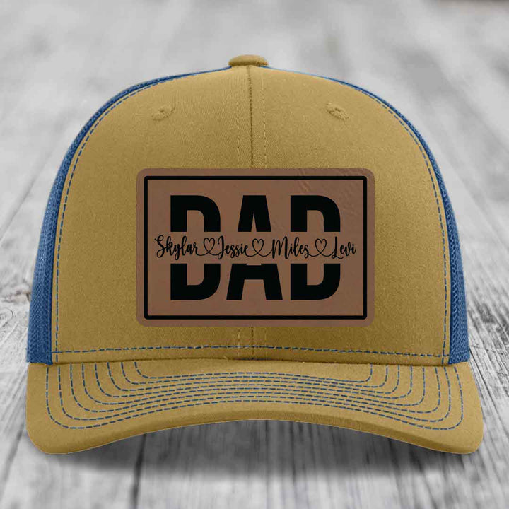 Dad Monogram (With Kids Names) - Leather Patch Hat - Dark Brown to Black Patch - Richardson 112 Snapback Trucker Hat