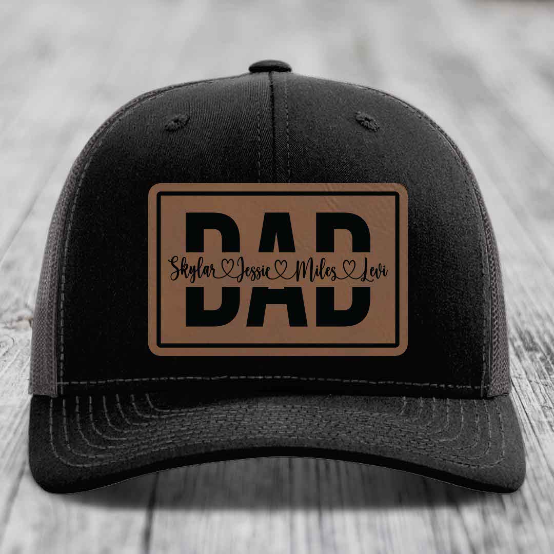 Dad Monogram (With Kids Names) - Leather Patch Hat - Dark Brown to Black Patch - Richardson 112 Snapback Trucker Hat