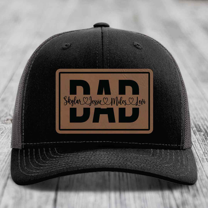 Dad Monogram (With Kids Names) - Leather Patch Hat - Dark Brown to Black Patch - Richardson 112 Snapback Trucker Hat