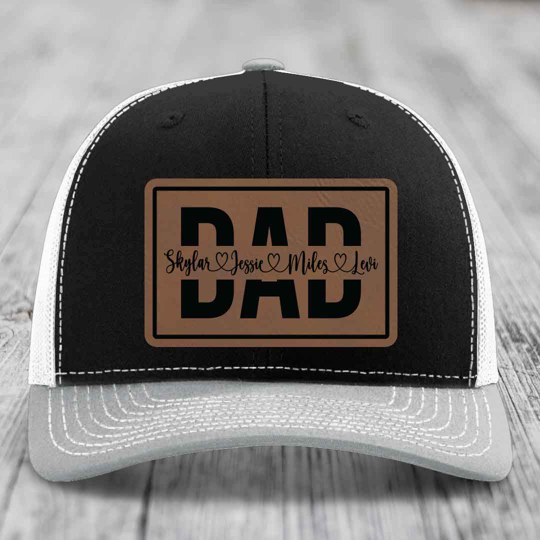 Dad Monogram (With Kids Names) - Leather Patch Hat - Dark Brown to Black Patch - Richardson 112 Snapback Trucker Hat