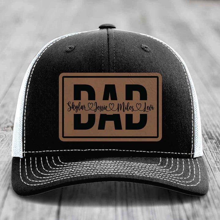 Dad Monogram (With Kids Names) - Leather Patch Hat - Dark Brown to Black Patch - Richardson 112 Snapback Trucker Hat