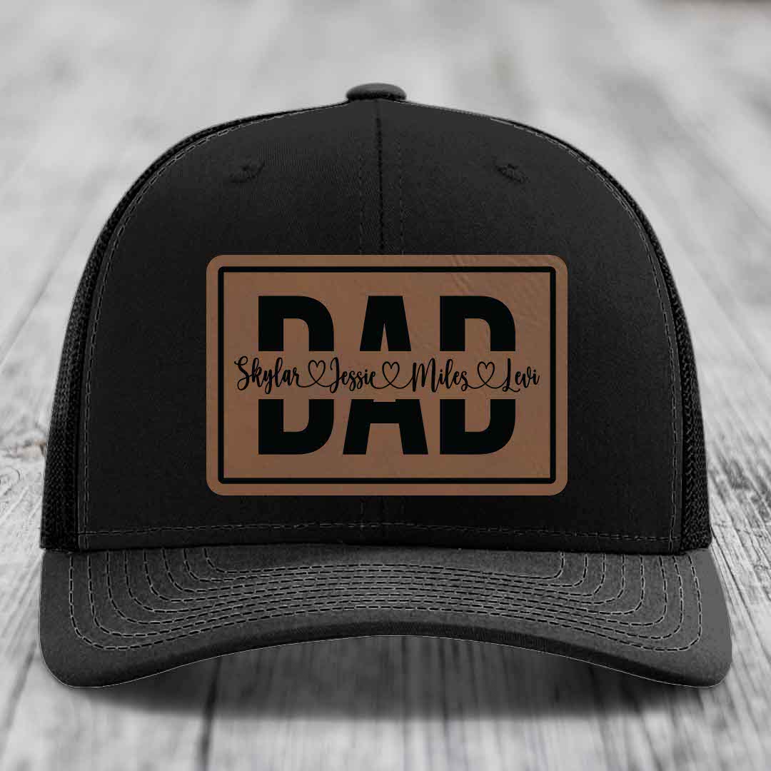 Dad Monogram (With Kids Names) - Leather Patch Hat - Dark Brown to Black Patch - Richardson 112 Snapback Trucker Hat