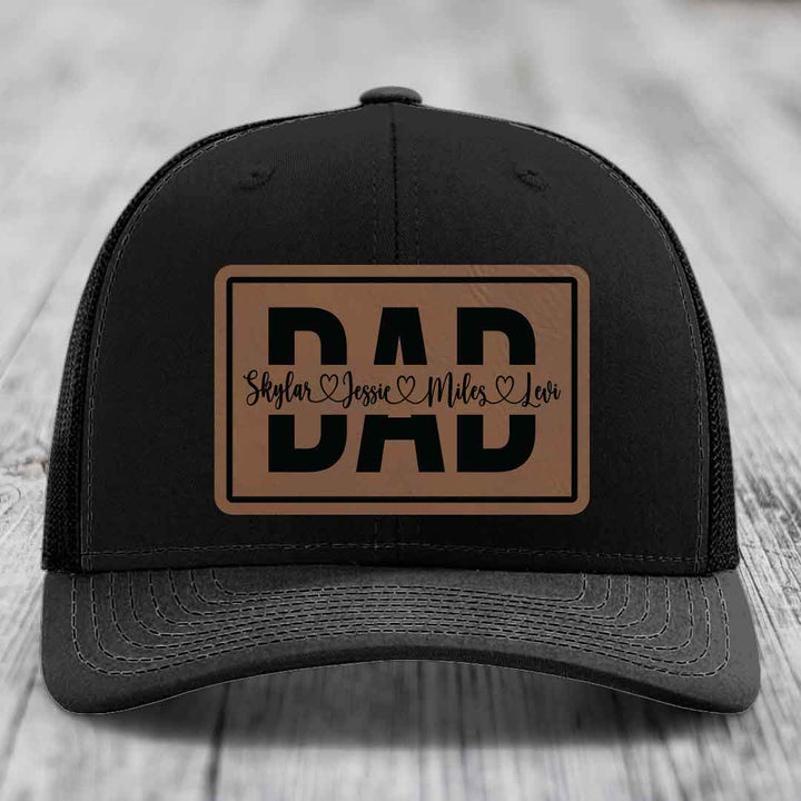 Dad Monogram (With Kids Names) - Leather Patch Hat - Dark Brown to Black Patch - Richardson 112 Snapback Trucker Hat