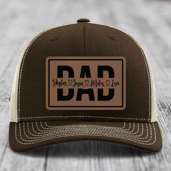 Dad Monogram (With Kids Names) - Leather Patch Hat - Dark Brown to Black Patch - Richardson 112 Snapback Trucker Hat
