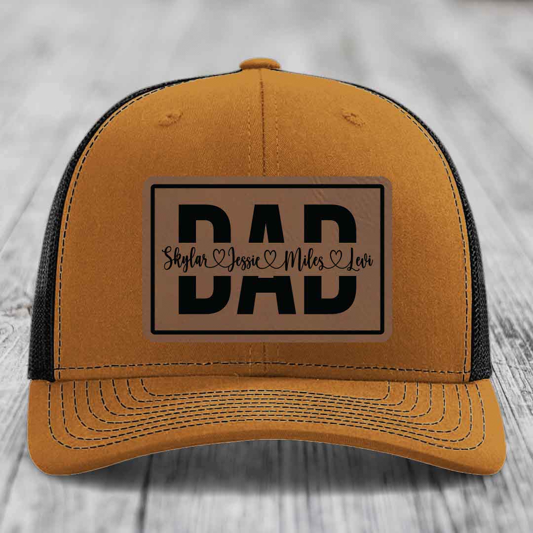 Dad Monogram (With Kids Names) - Leather Patch Hat - Dark Brown to Black Patch - Richardson 112 Snapback Trucker Hat