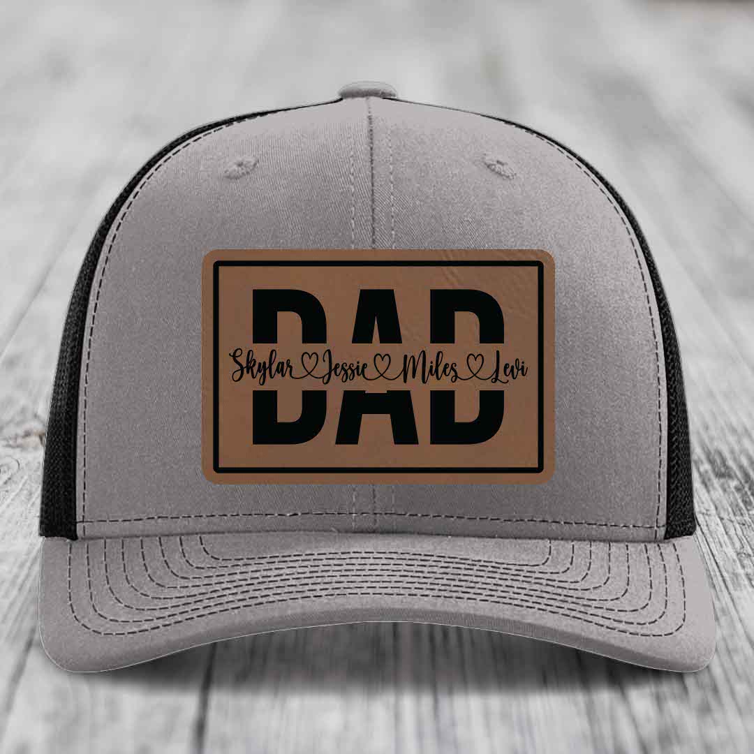 Dad Monogram (With Kids Names) - Leather Patch Hat - Dark Brown to Black Patch - Richardson 112 Snapback Trucker Hat