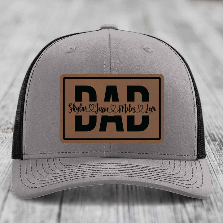 Dad Monogram (With Kids Names) - Leather Patch Hat - Dark Brown to Black Patch - Richardson 112 Snapback Trucker Hat