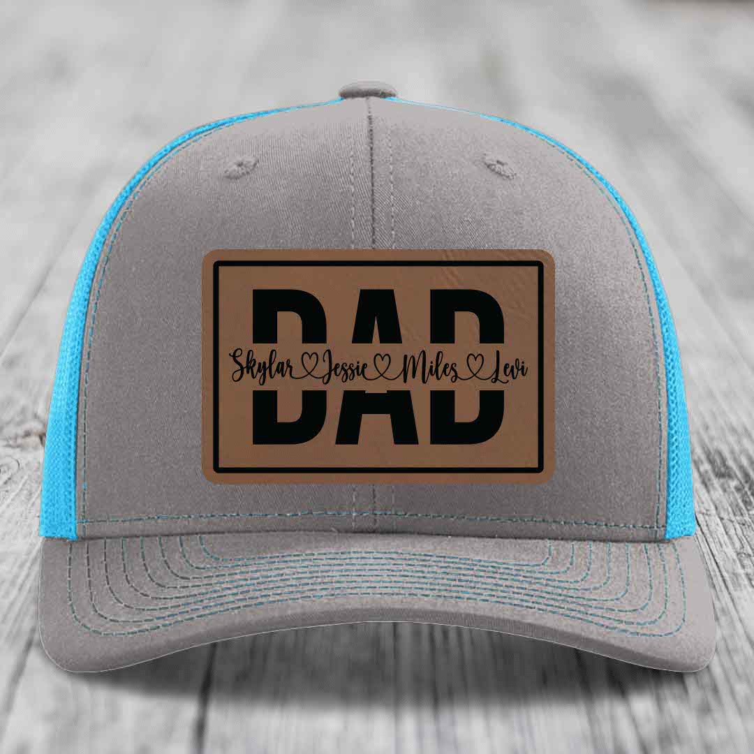 Dad Monogram (With Kids Names) - Leather Patch Hat - Dark Brown to Black Patch - Richardson 112 Snapback Trucker Hat