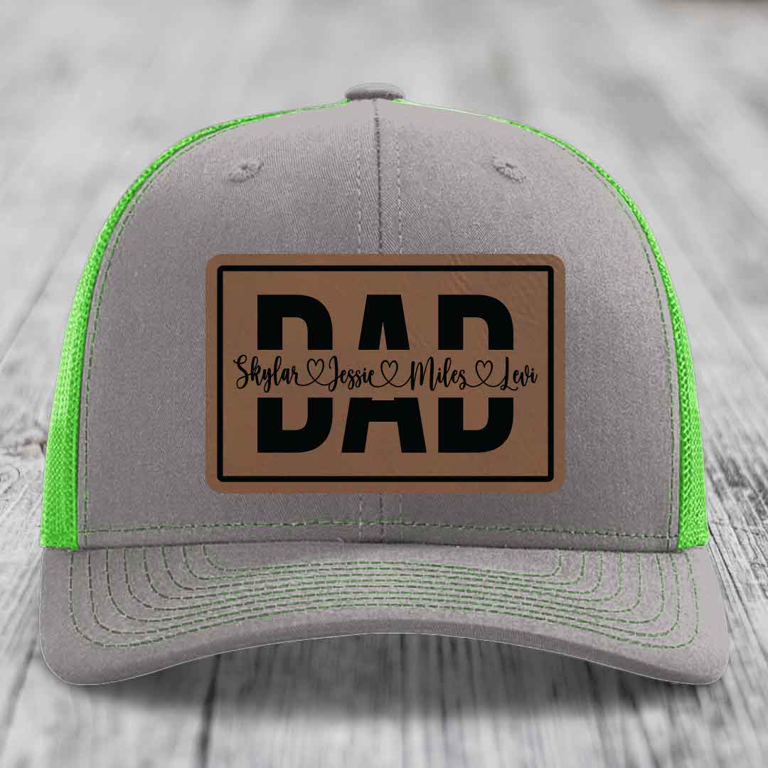 Dad Monogram (With Kids Names) - Leather Patch Hat - Dark Brown to Black Patch - Richardson 112 Snapback Trucker Hat