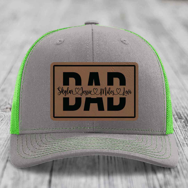 Dad Monogram (With Kids Names) - Leather Patch Hat - Dark Brown to Black Patch - Richardson 112 Snapback Trucker Hat