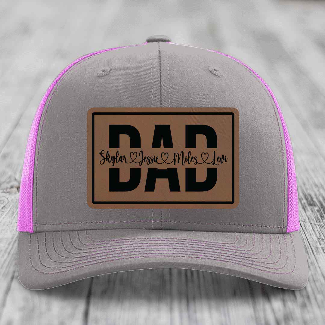 Dad Monogram (With Kids Names) - Leather Patch Hat - Dark Brown to Black Patch - Richardson 112 Snapback Trucker Hat