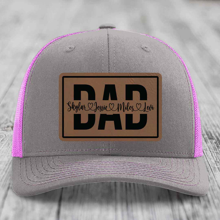 Dad Monogram (With Kids Names) - Leather Patch Hat - Dark Brown to Black Patch - Richardson 112 Snapback Trucker Hat