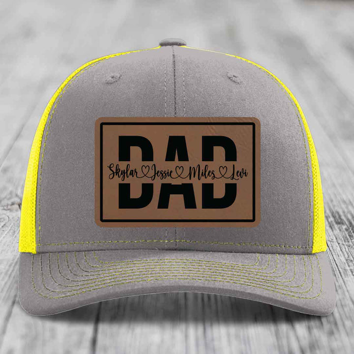 Dad Monogram (With Kids Names) - Leather Patch Hat - Dark Brown to Black Patch - Richardson 112 Snapback Trucker Hat