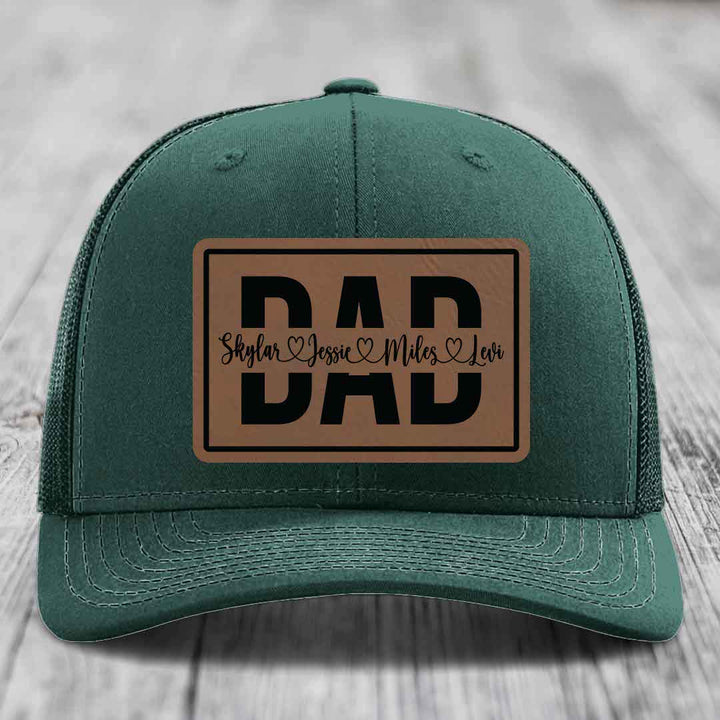 Dad Monogram (With Kids Names) - Leather Patch Hat - Dark Brown to Black Patch - Richardson 112 Snapback Trucker Hat