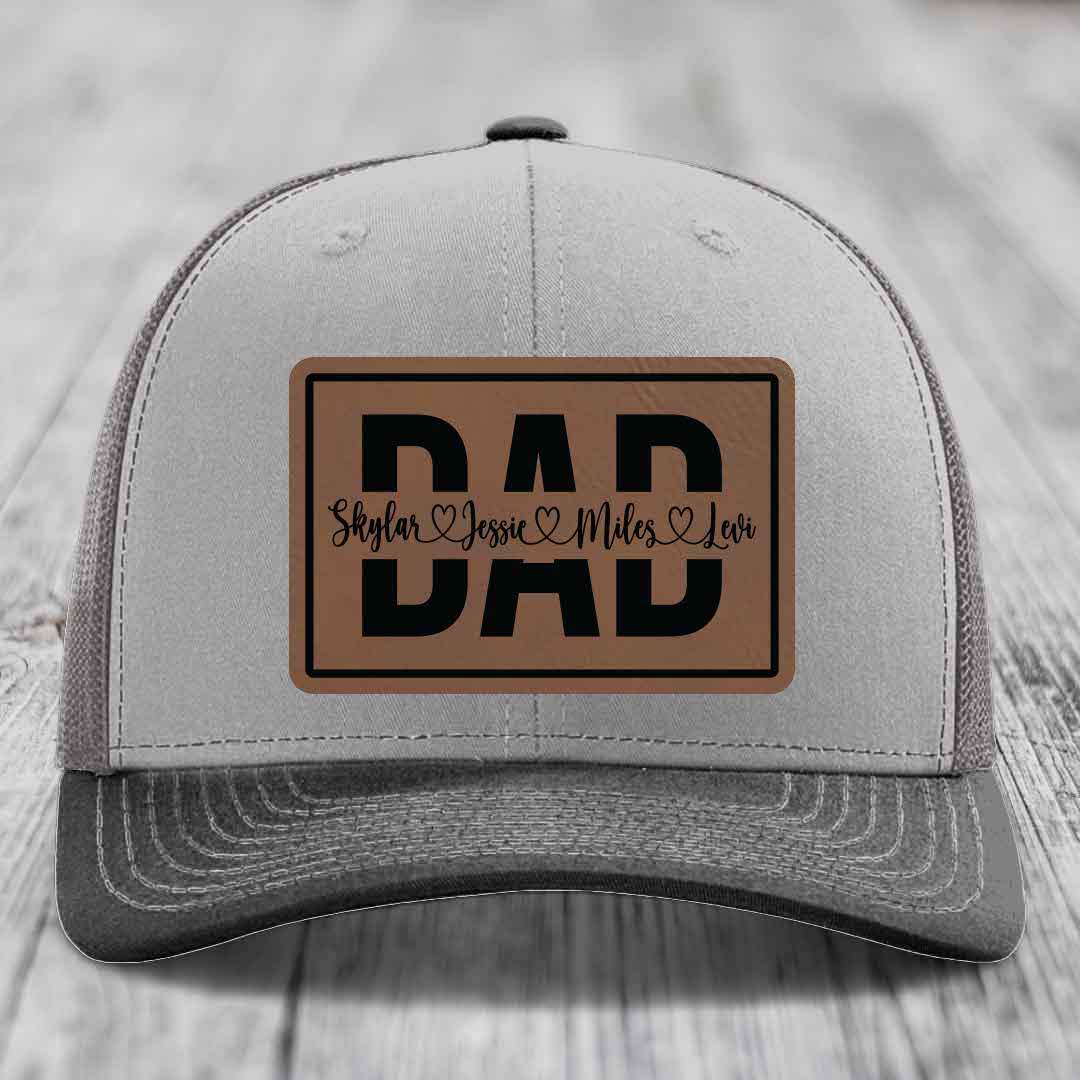 Dad Monogram (With Kids Names) - Leather Patch Hat - Dark Brown to Black Patch - Richardson 112 Snapback Trucker Hat