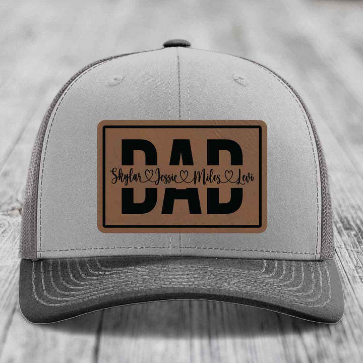 Dad Monogram (With Kids Names) - Leather Patch Hat - Dark Brown to Black Patch - Richardson 112 Snapback Trucker Hat
